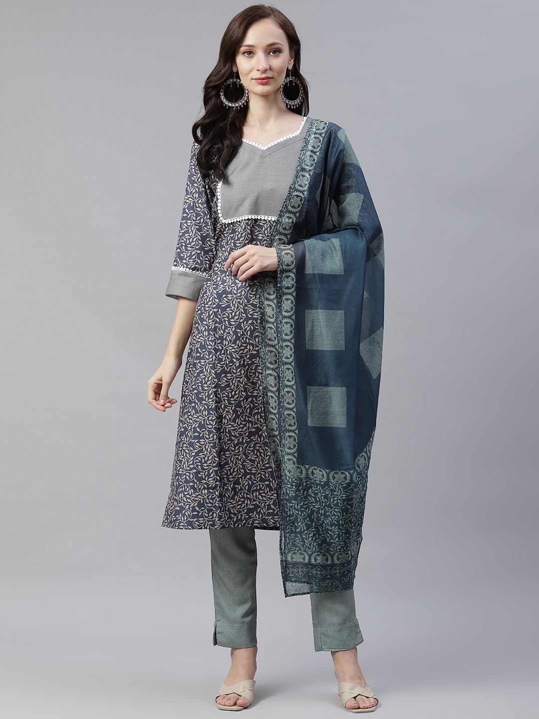 

ZIYAA Women Blue & Beige Ethnic Motifs Printed Kurta with Trousers & Dupatta