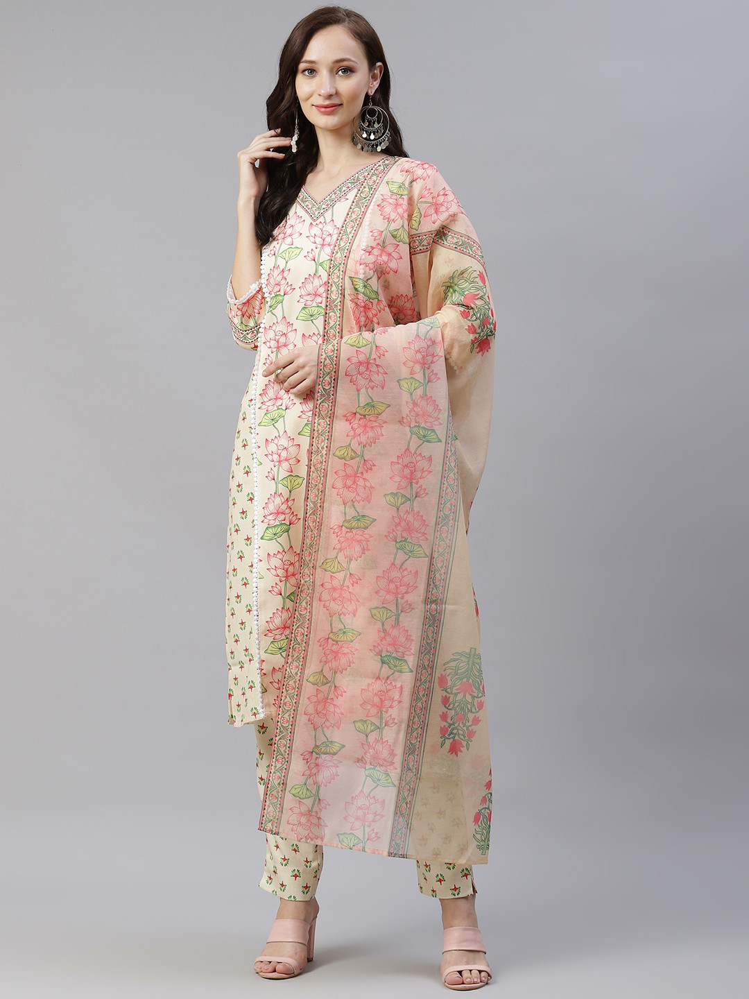 

ZIYAA Women Cream-Coloured & Red Floral Printed Kurta with Trousers & Dupatta