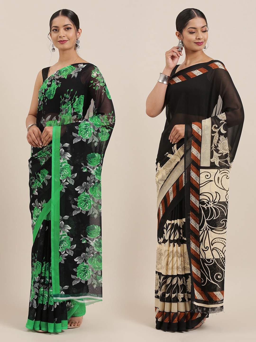 

ANAND SAREES Women Pack of 2 Printed Sarees, Black