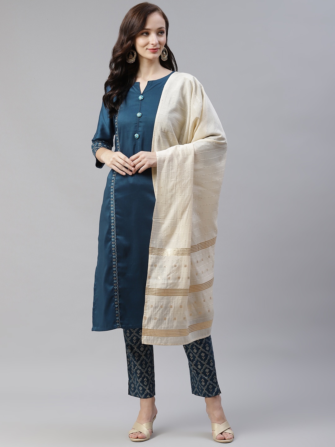 

ZIYAA Women Teal Blue & Golden Ethnic Motifs Printed Kurta with Trousers & Dupatta
