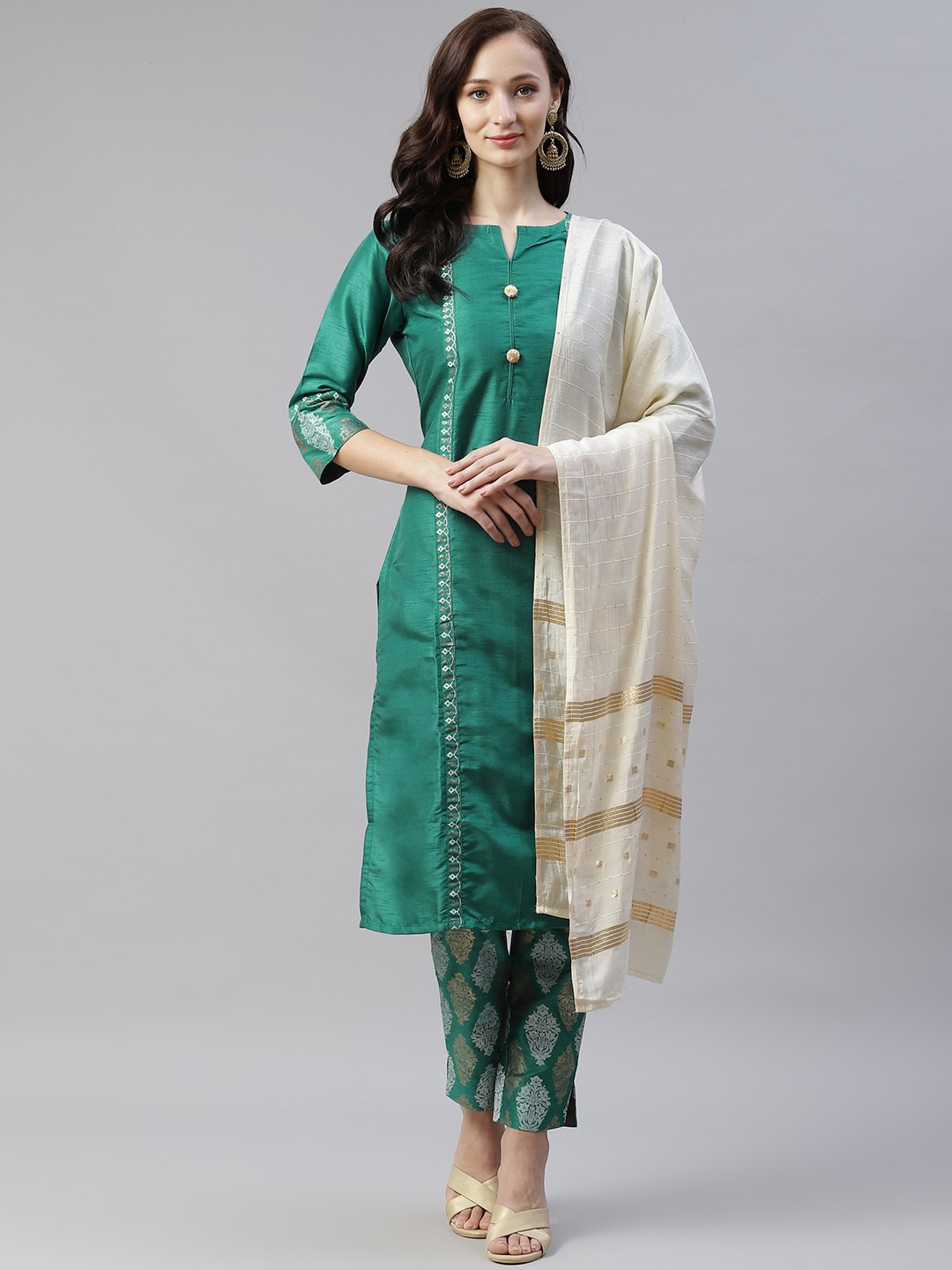 

ZIYAA Women Green & Golden Ethnic Motifs Print Kurta with Trousers & Dupatta