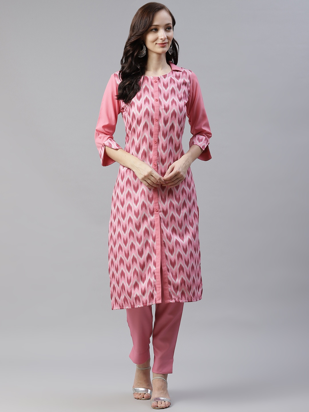 

ZIYAA Women Pink & White Printed Kurta with Trousers