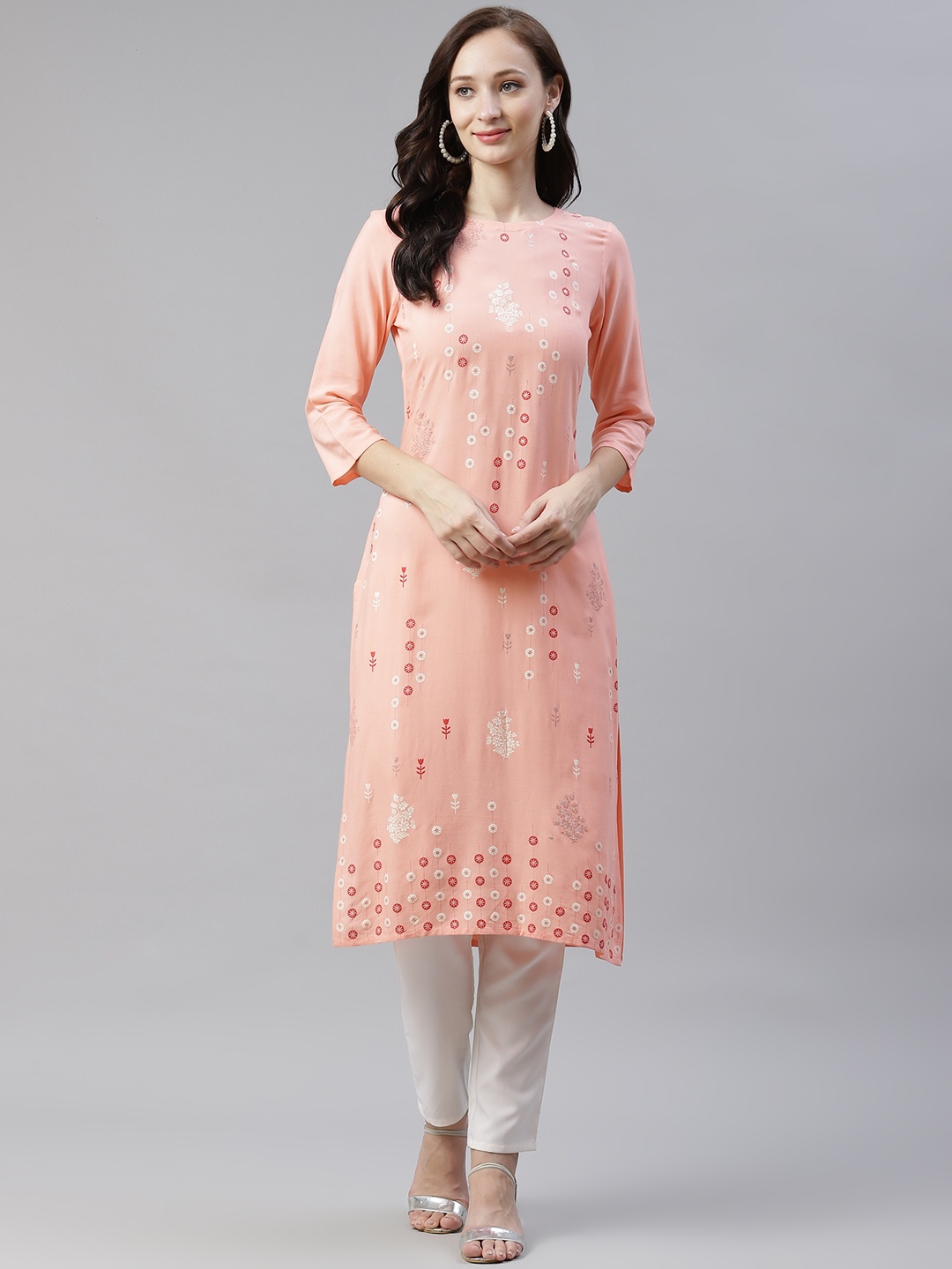 

ZIYAA Women Peach-Coloured & Beige Ethnic Motifs Printed Kurta with Trousers