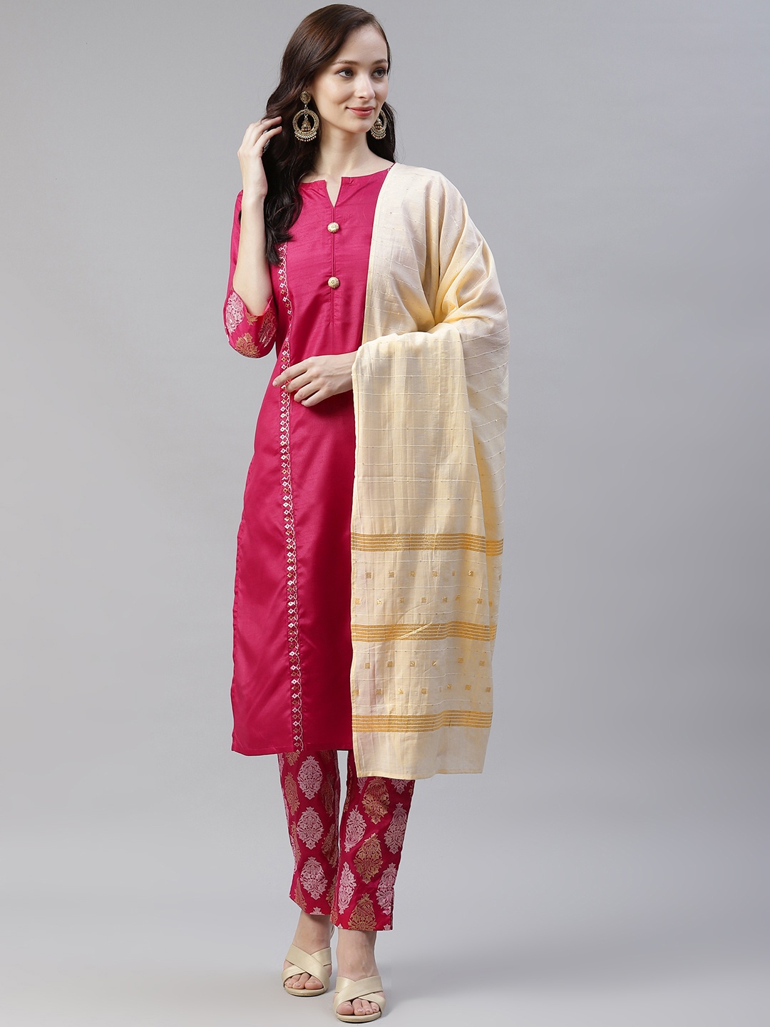 

ZIYAA Women Pink & Golden Ethnic Motifs Printed Kurta with Trousers & Dupatta