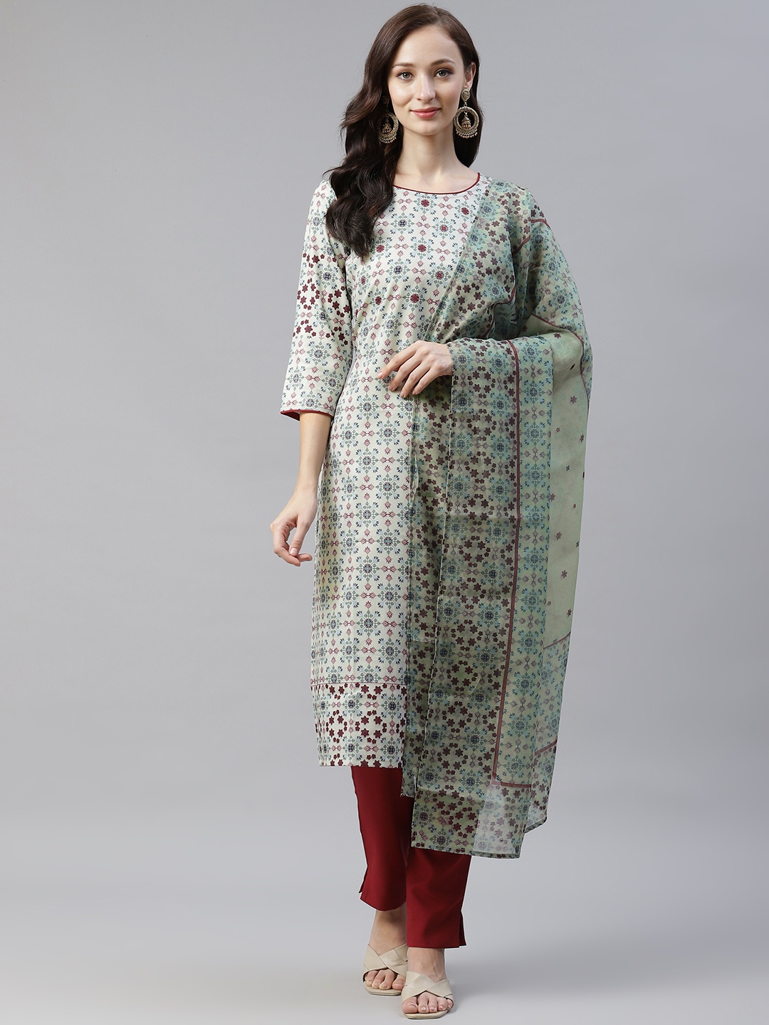 

ZIYAA Women Green & Maroon Ethnic Motifs Printed Kurta with Trousers & Dupatta