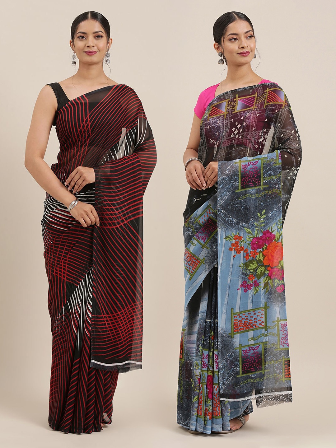 

ANAND SAREES Women Pack of 2 Printed Sarees, Black