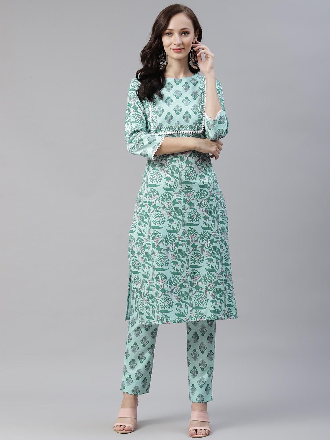 

ZIYAA Women Blue & Pink Ethnic Motifs Printed Regular Kurta with Trousers