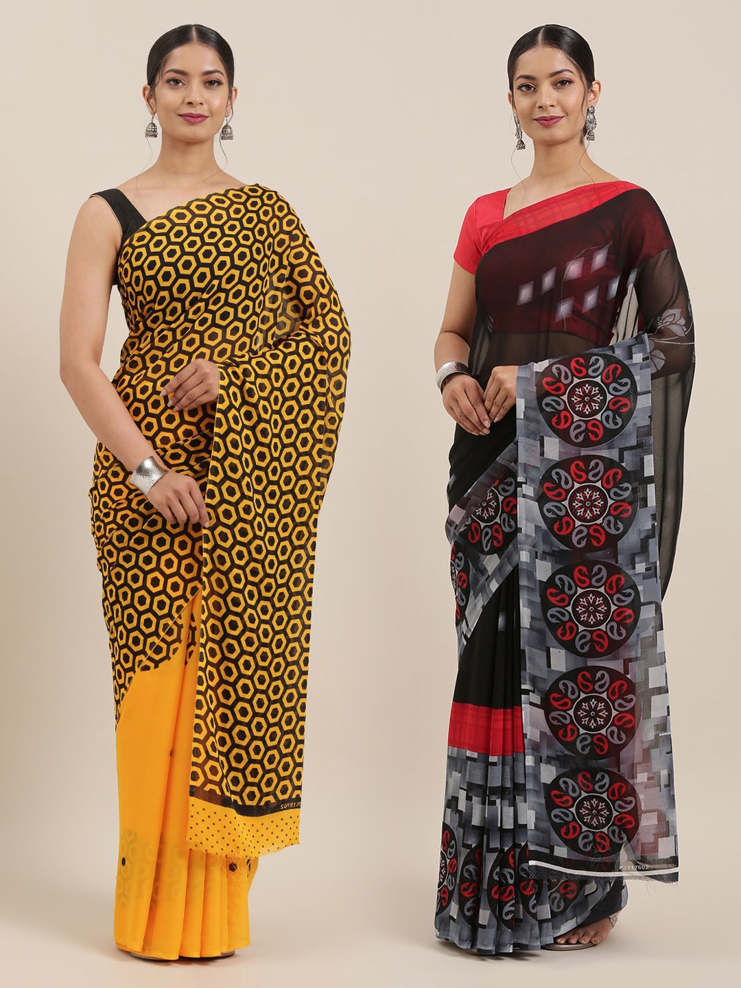 

KALINI Women Pack of 2 Printed Sarees, Black