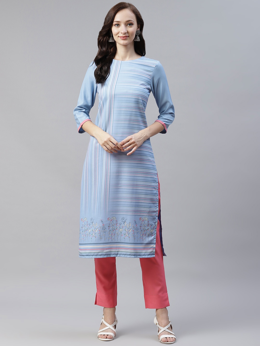 

ZIYAA Women Blue & Pink Striped Regular Kurta with Trousers