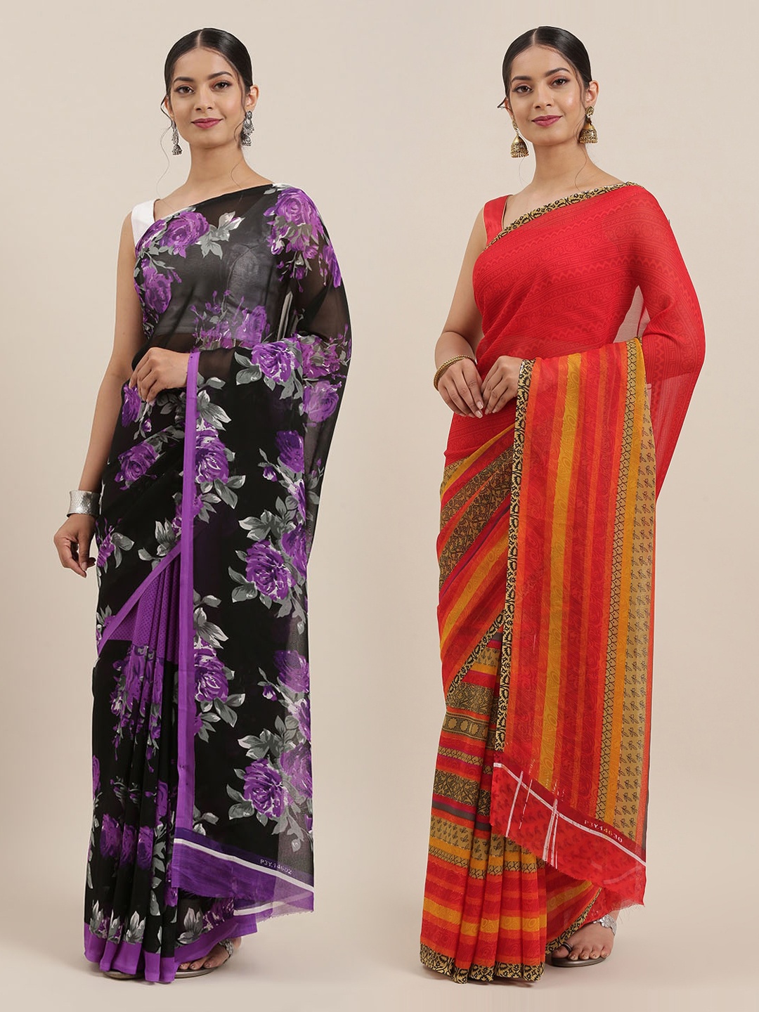 

ANAND SAREES Women Pack of 2 Printed Sarees, Red