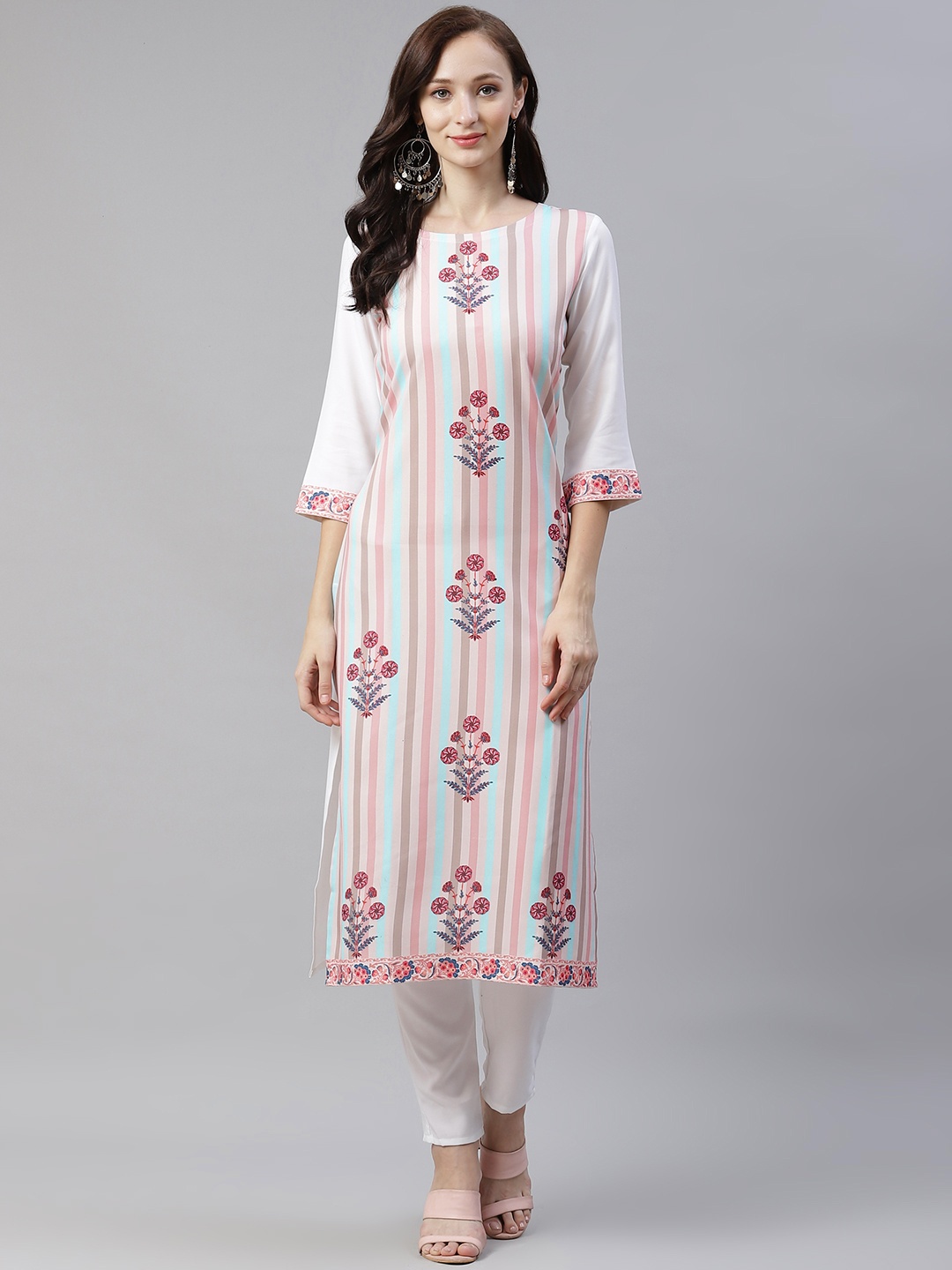 

ZIYAA Women Cream-Coloured & Pink Ethnic Motifs Printed Kurta with Trousers