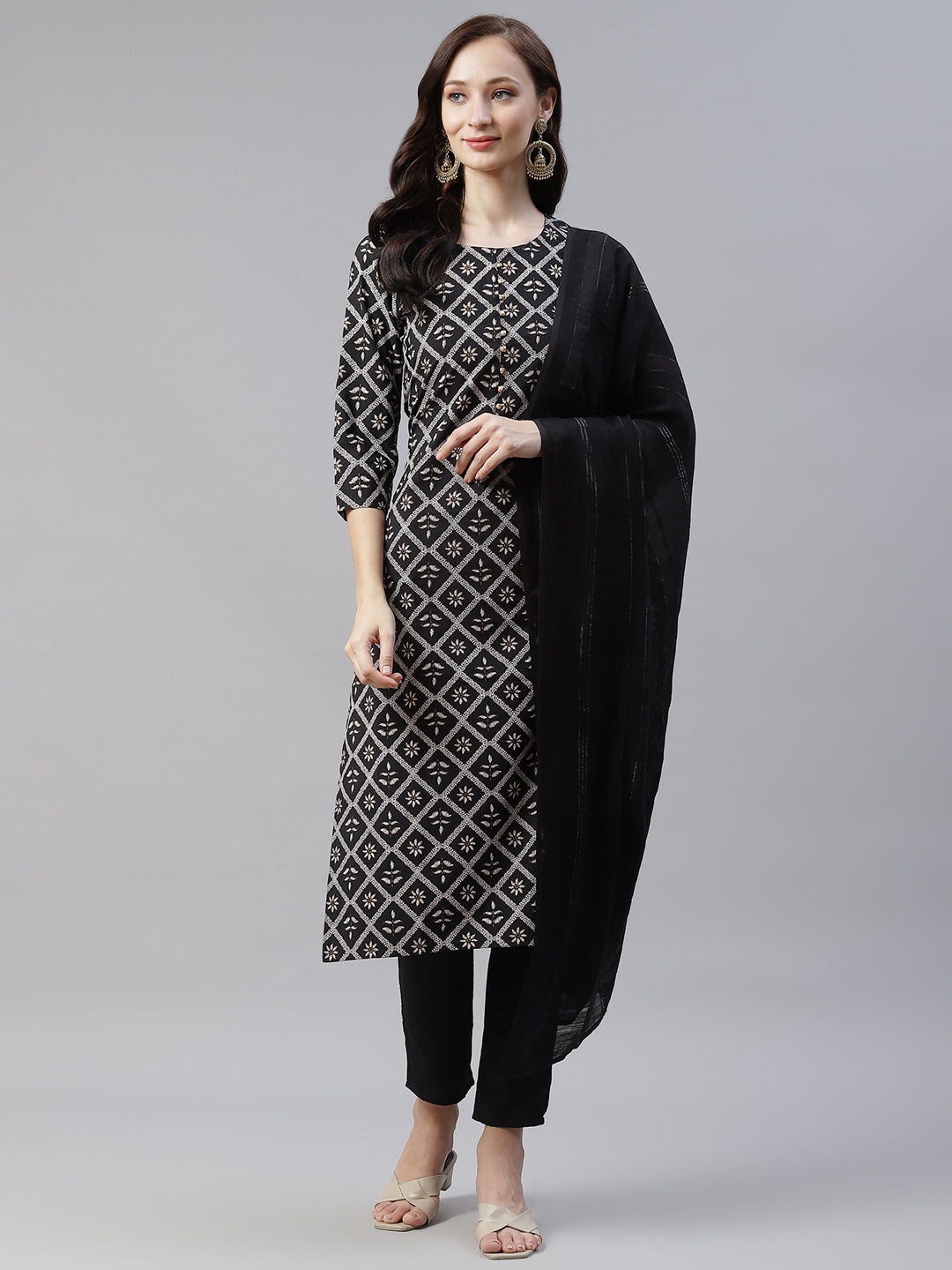 ZIYAA Women Black Ethnic Motifs Foil Printed Regular Kurta with Trousers & With Dupatta