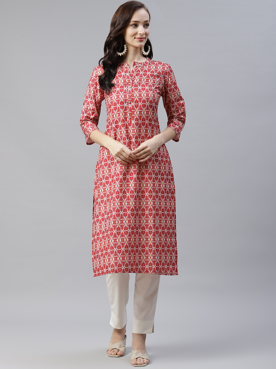 

ZIYAA Women Red & Off-White Printed Straight Kurta with Trousers