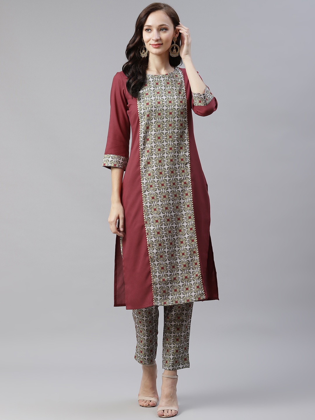 

ZIYAA Women Maroon & White Printed Panelled Gotta Patti Kurta with Trousers