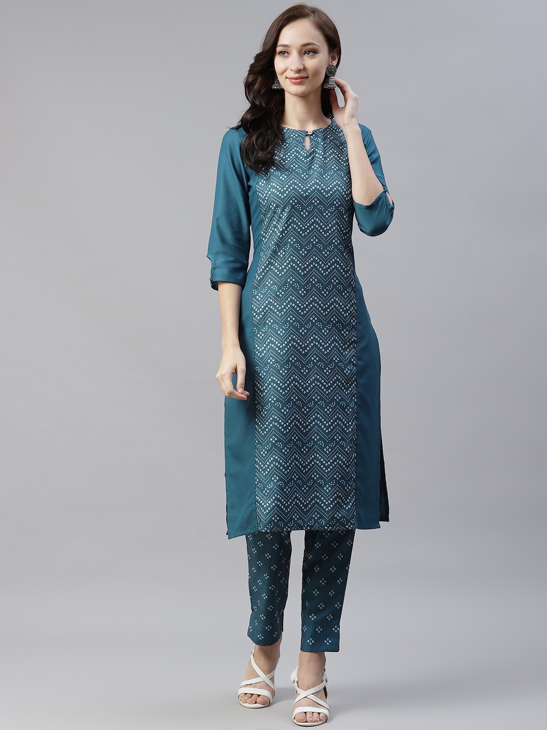

ZIYAA Women Teal Blue & White Bandhani Printed Kurta with Trousers