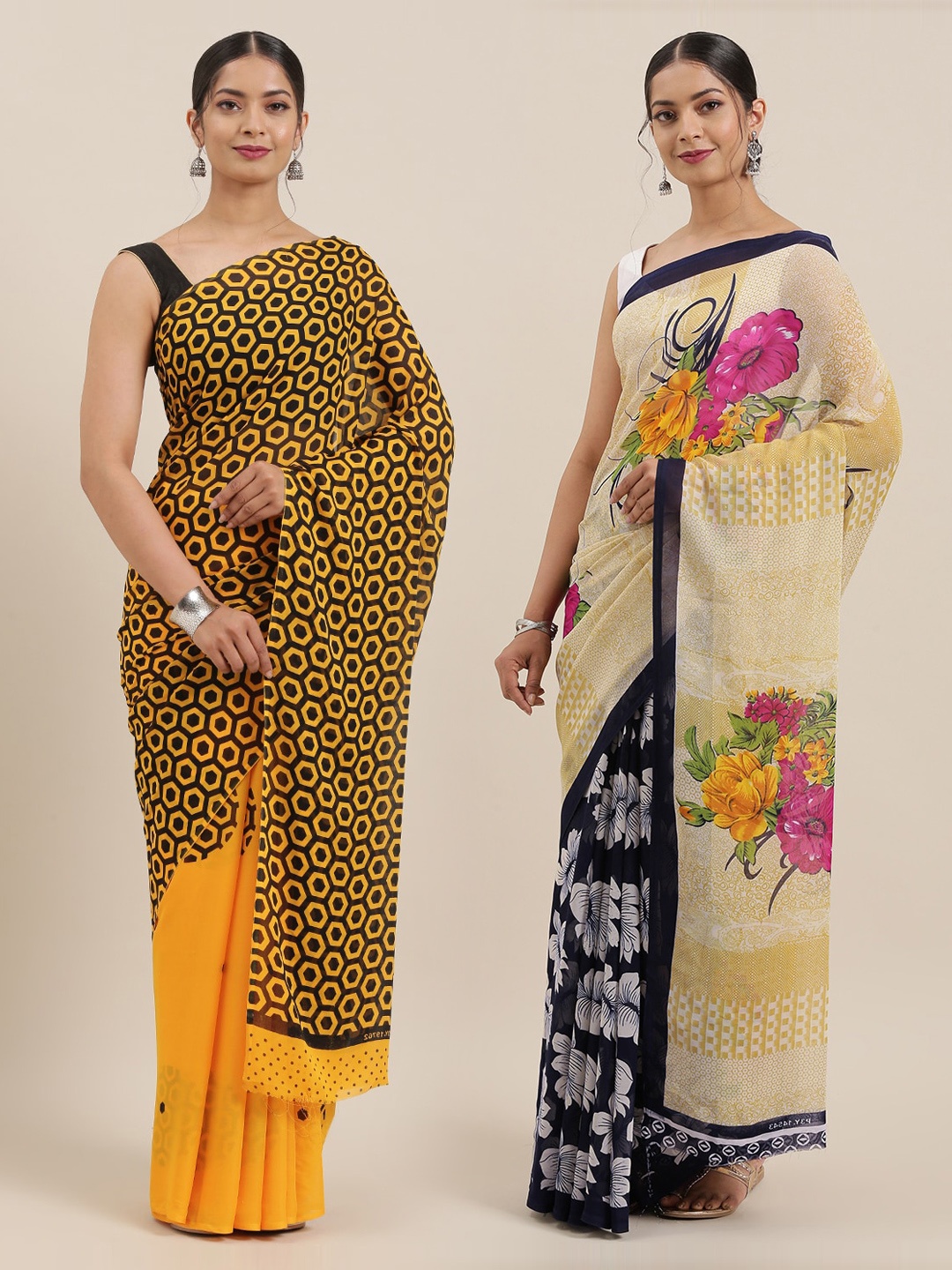 

KALINI Women Pack of 2 Printed Sarees, Yellow