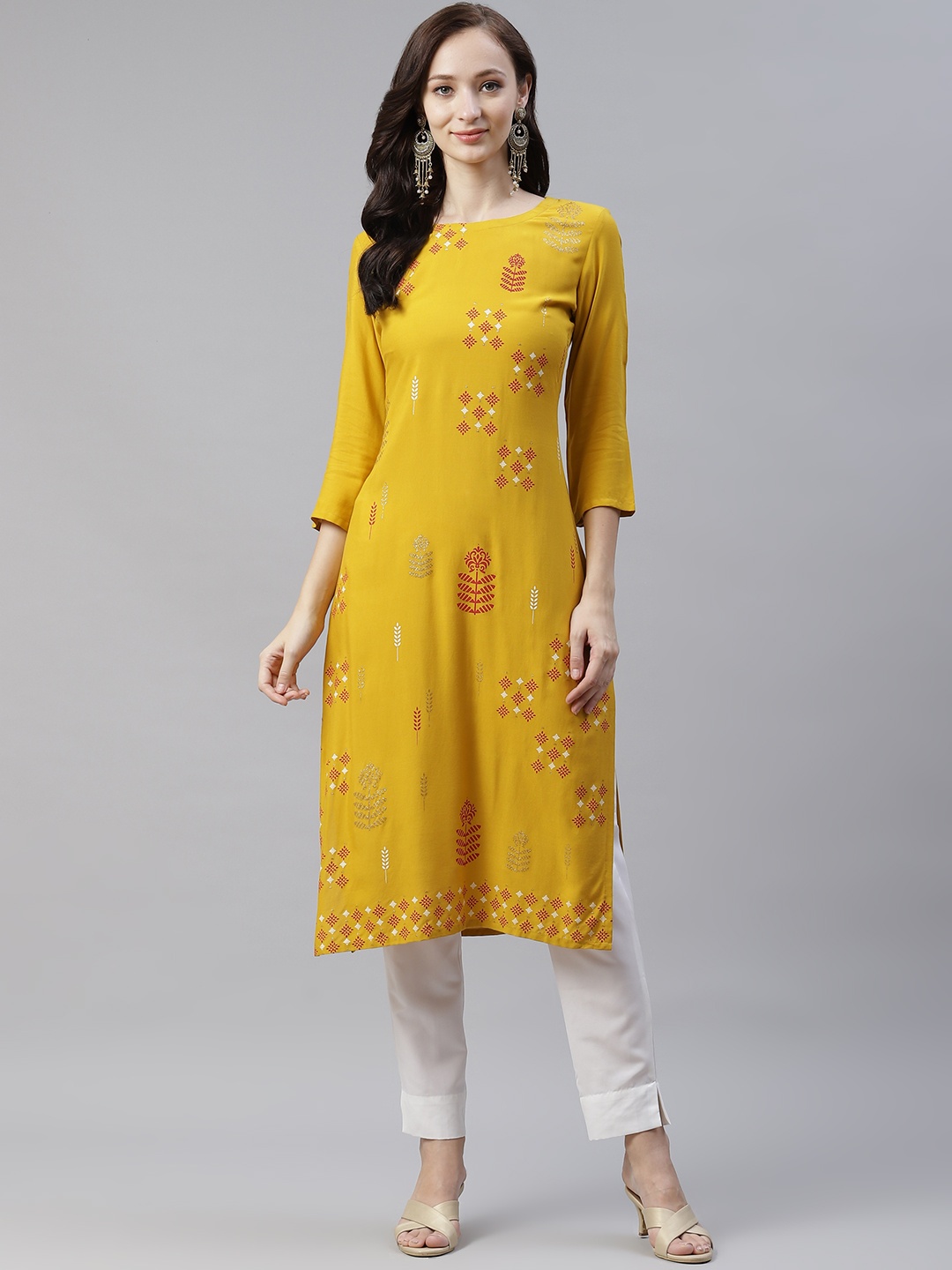

ZIYAA Women Mustard Yellow & White Foil Printed Regular Kurta with Trousers