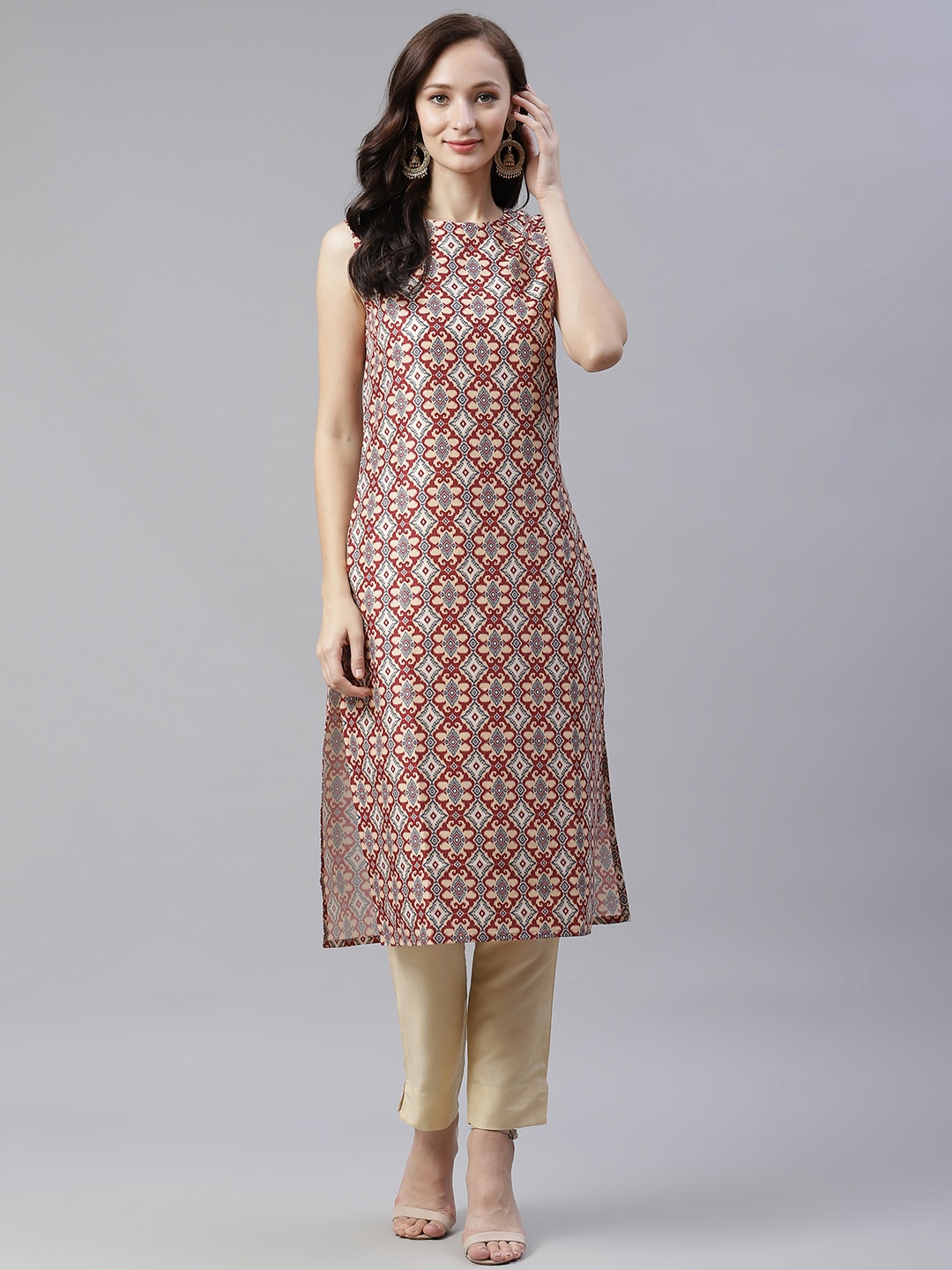 

ZIYAA Women Maroon Printed Regular Kurta with Trousers