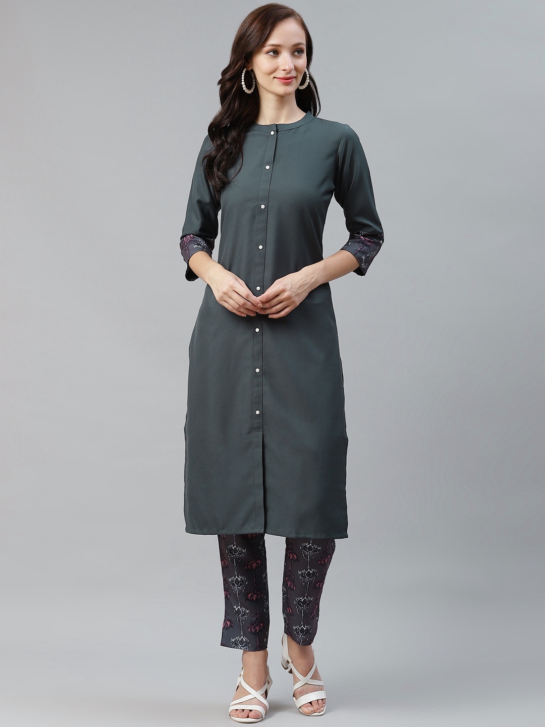 

ZIYAA Women Charcoal Grey Solid Kurta with Trousers