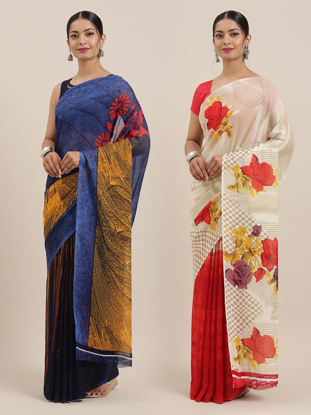 

ANAND SAREES Pack of 2 Poly Georgette Floral Print Sarees, Blue