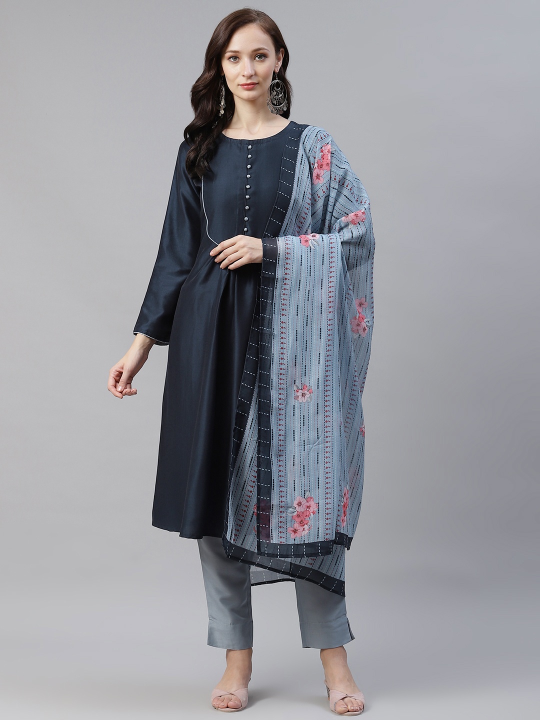 

ZIYAA Women Navy Blue Solid Kurta with Trousers & With Printed Dupatta