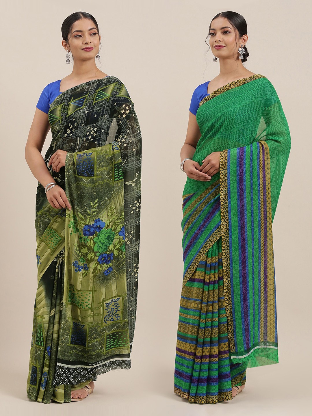 

KALINI Pack of 2 Poly Georgette Printed Sarees, Black