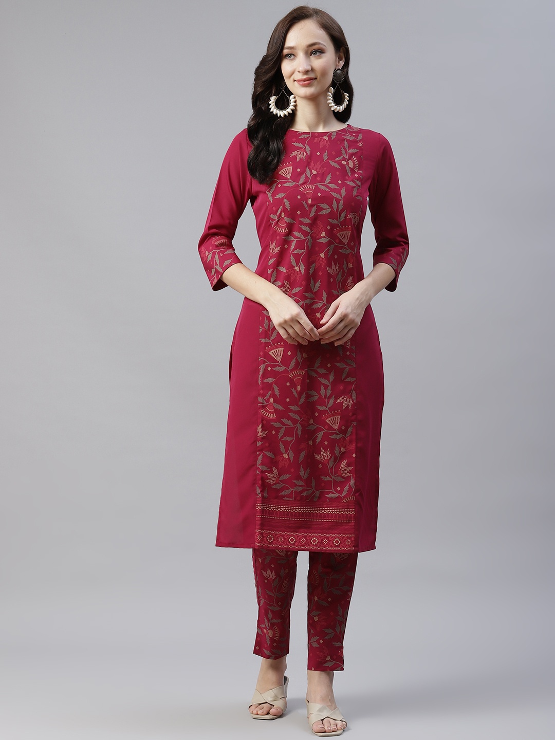 

ZIYAA Women Red Ethnic Motifs Foil Printed Panelled Kurta with Trousers