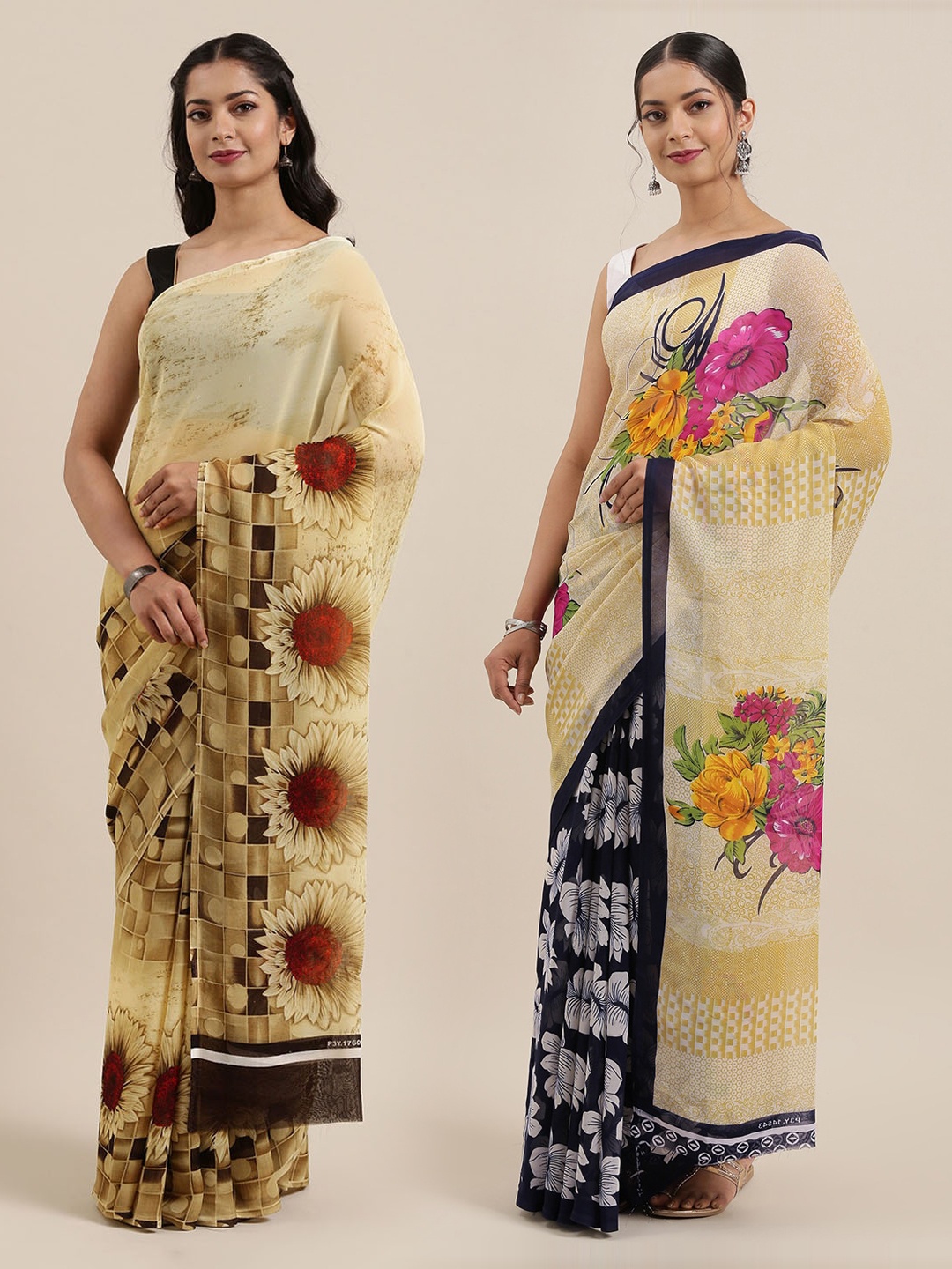 

ANAND SAREES Pack of 2 Beige Poly Georgette Floral Print Sarees