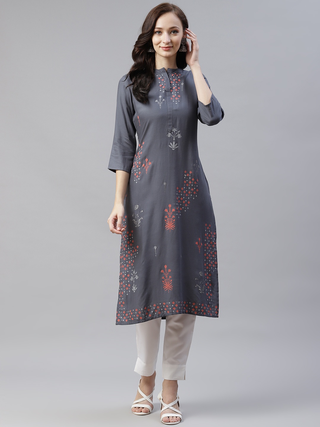 

ZIYAA Women Grey & White Foil Ethnic Motifs Printed Regular Kurta with Trousers