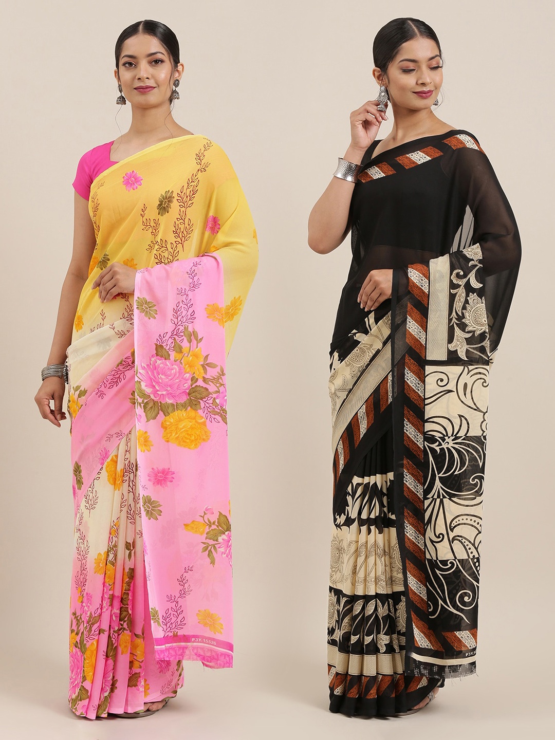 

ANAND SAREES Pack of 2 Poly Georgette Printed Sarees, Black