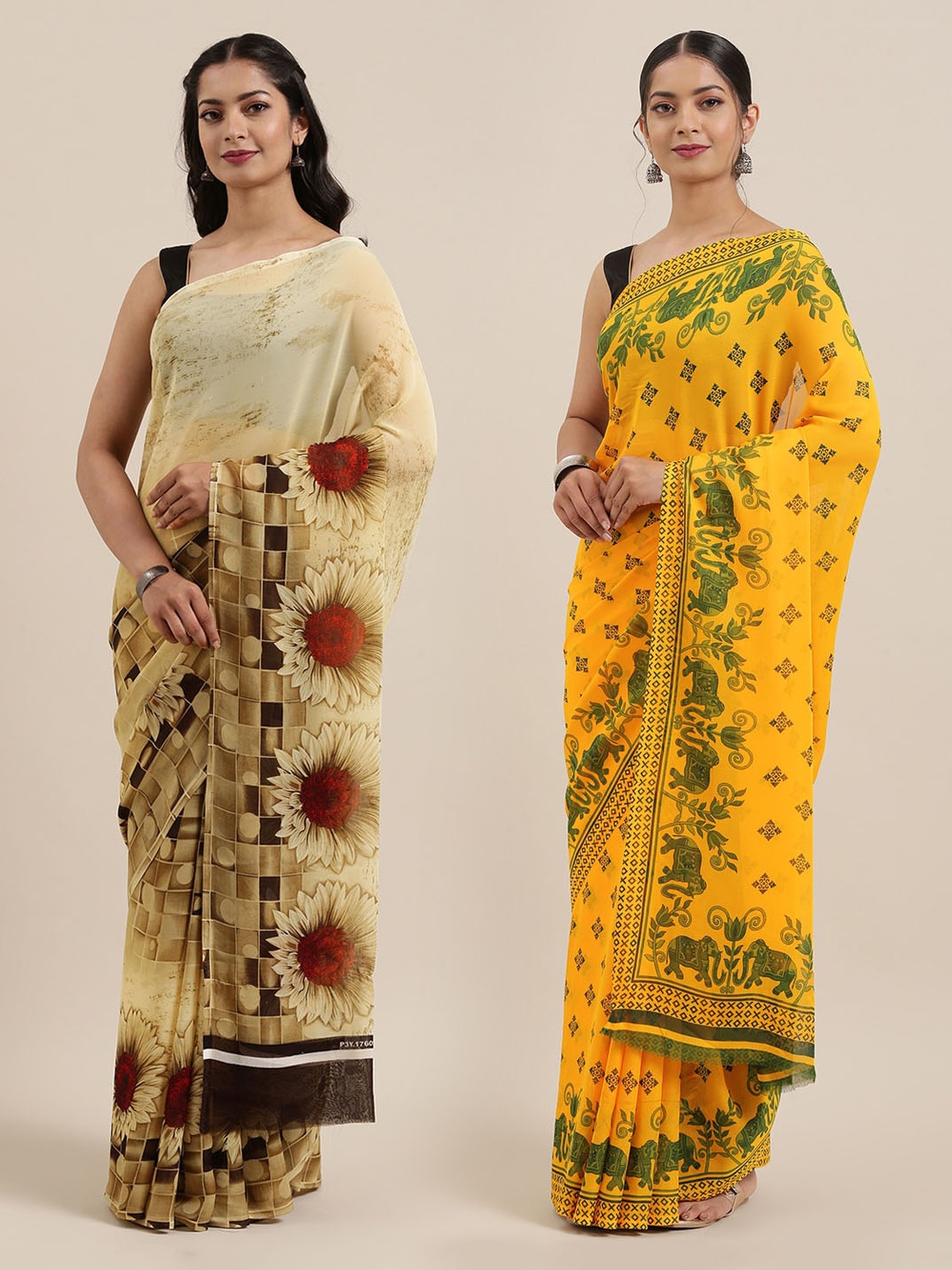 

ANAND SAREES Pack of 2 Poly Georgette Printed Sarees, Yellow