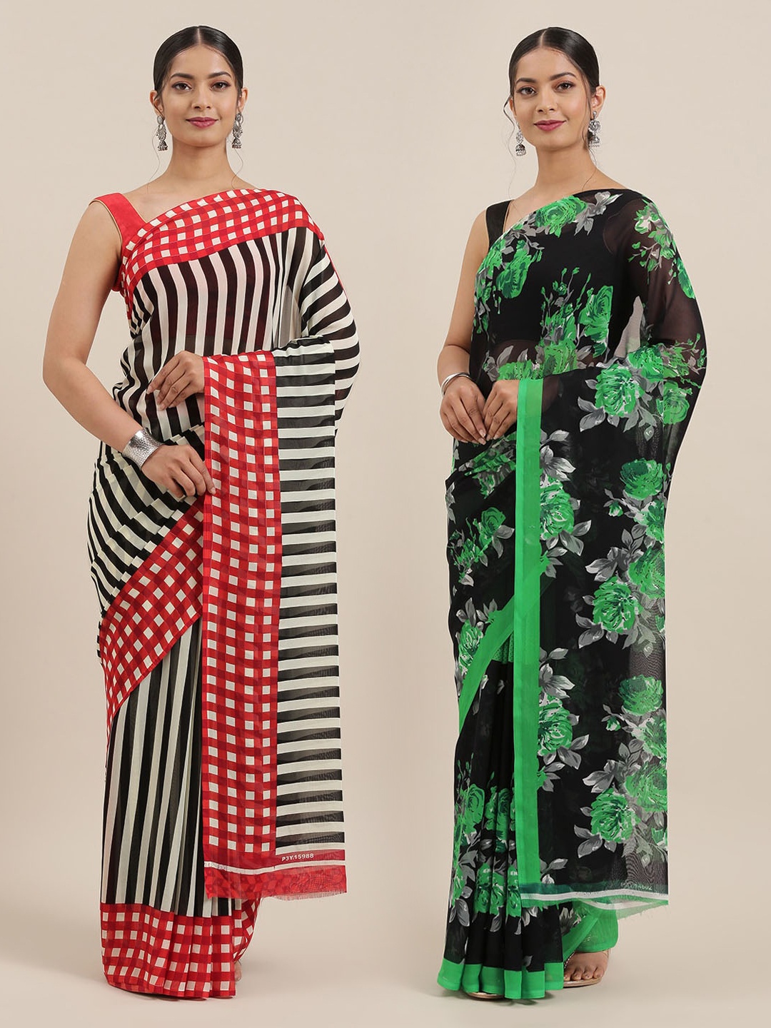 

KALINI Pack of 2 Poly Georgette Sarees, Black