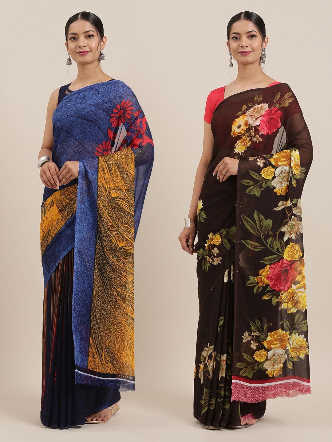 

ANAND SAREES Pack of 2 Poly Georgette Printed Sarees, Blue
