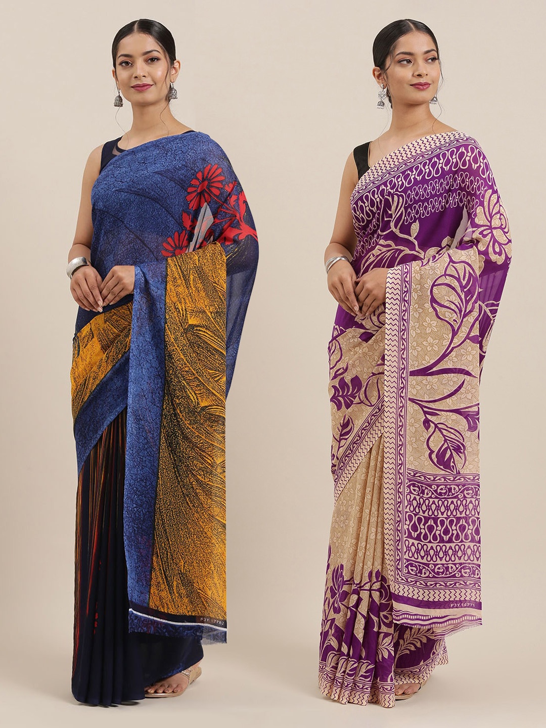 

KALINI Pack of 2 Poly Georgette Printed Sarees, Blue