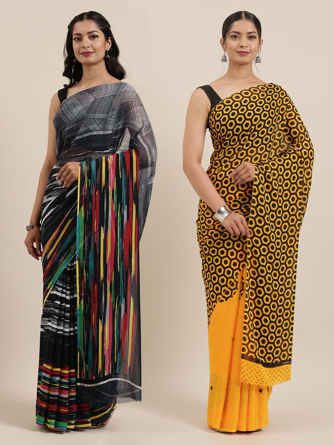 

KALINI Pack of 2 Black Poly Georgette Sarees, Grey