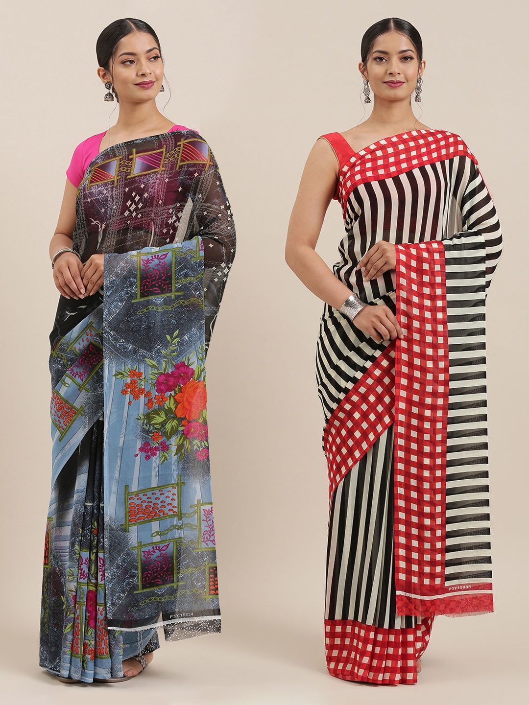 

KALINI Pack of 2 Poly Georgette Sarees, Black