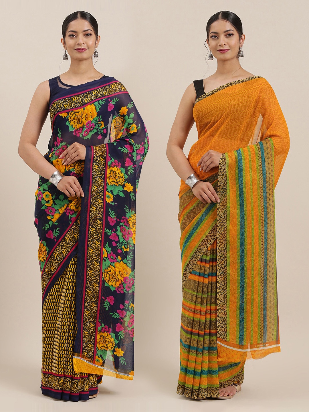 

ANAND SAREES Pack of 2 Poly Georgette Printed Sarees, Navy blue