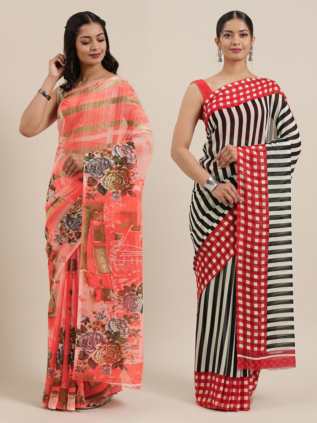 

KALINI Pack of 2 Poly Georgette Sarees, Peach