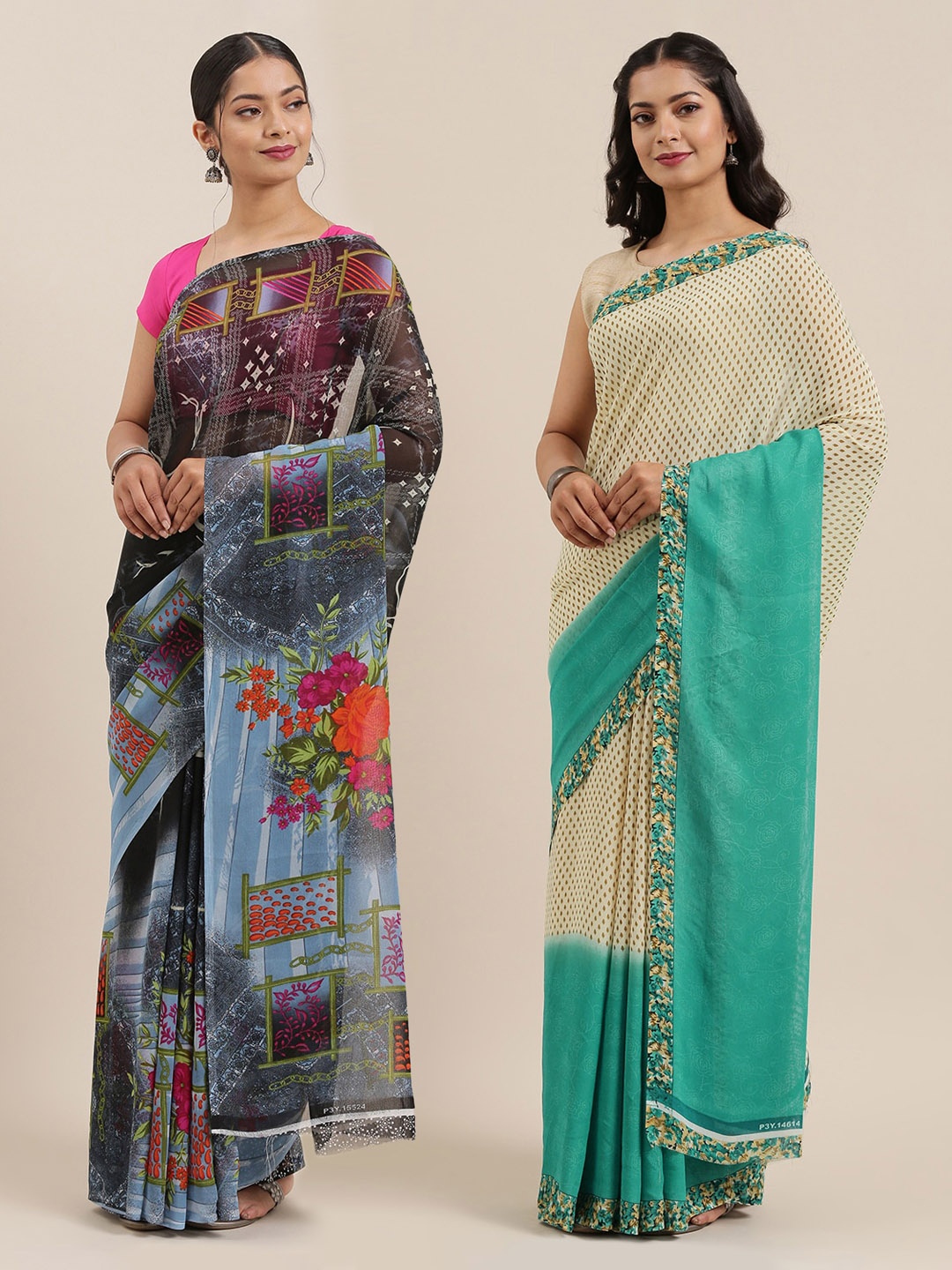 

ANAND SAREES Pack of 2 Poly Georgette Printed Sarees, Black