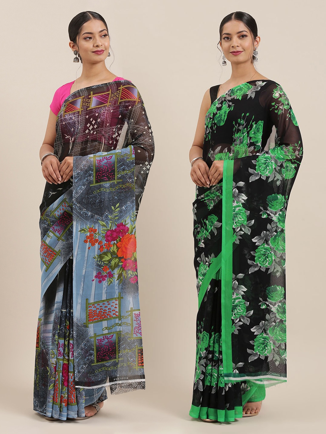 

ANAND SAREES Pack of 2 Poly Georgette Printed Sarees, Black