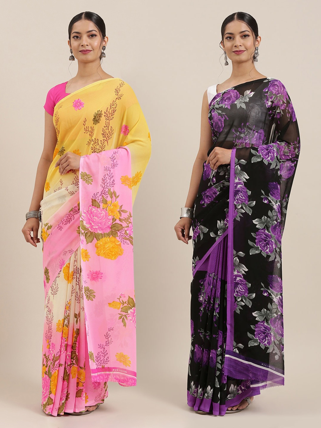 

ANAND SAREES Pack of 2 Poly Georgette Printed Sarees, Yellow