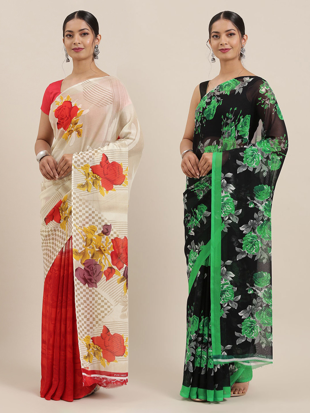 

ANAND SAREES Pack of 2 Poly Georgette Printed Sarees, White