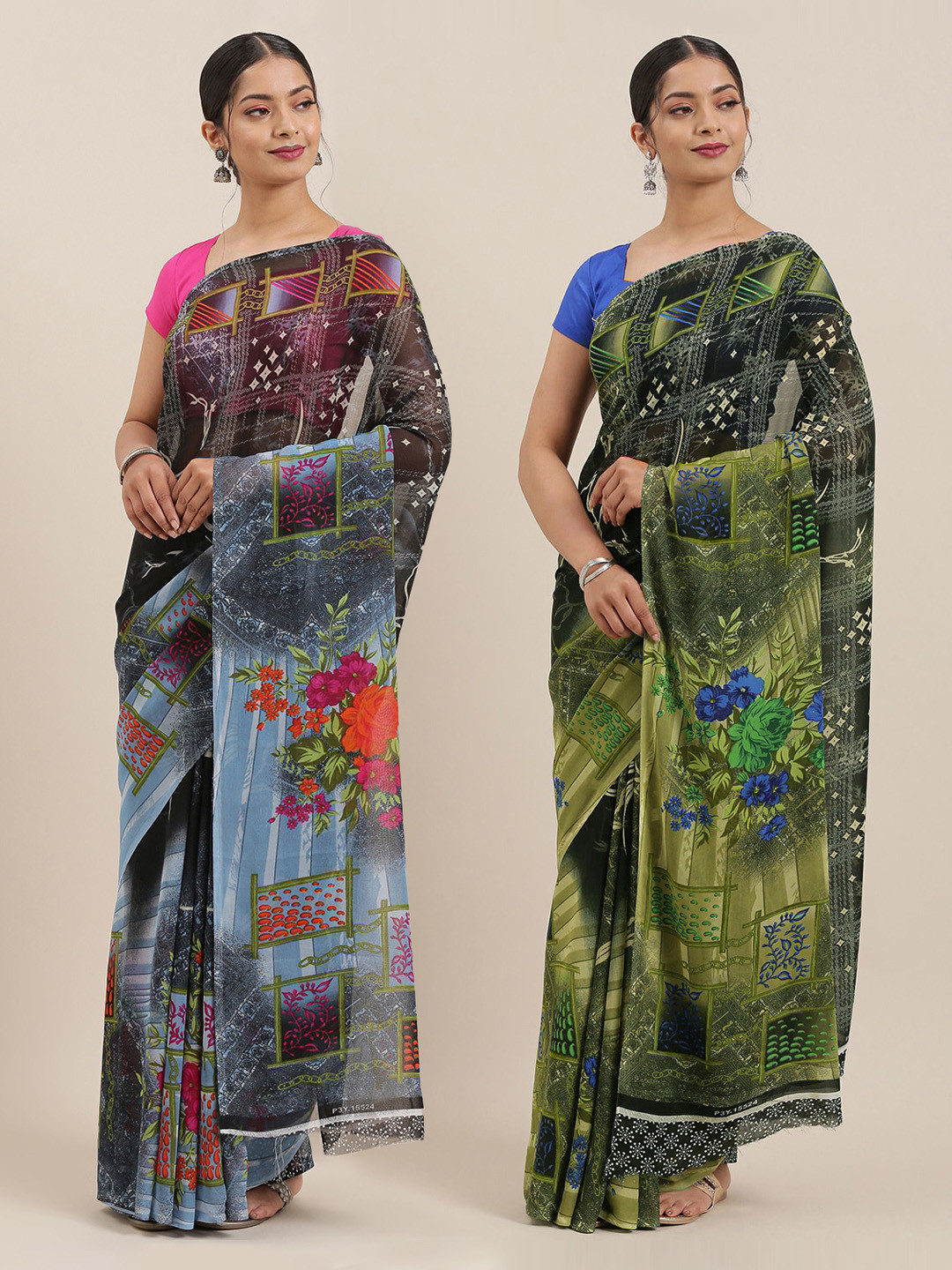 

KALINI Pack of 2 Poly Georgette Printed Sarees, Black