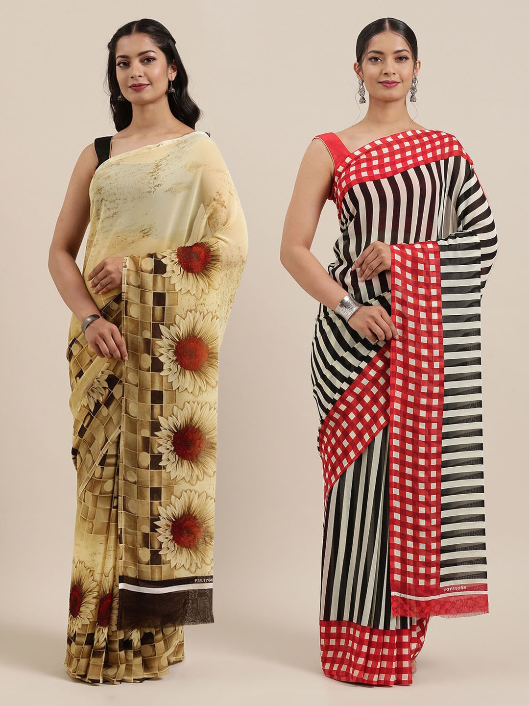 

KALINI Pack of 2 Poly Georgette Sarees, Beige
