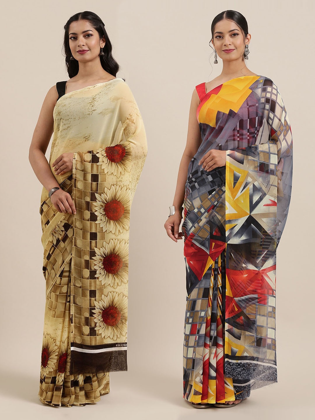 

ANAND SAREES Pack of 2 Poly Georgette Printed Sarees, Beige