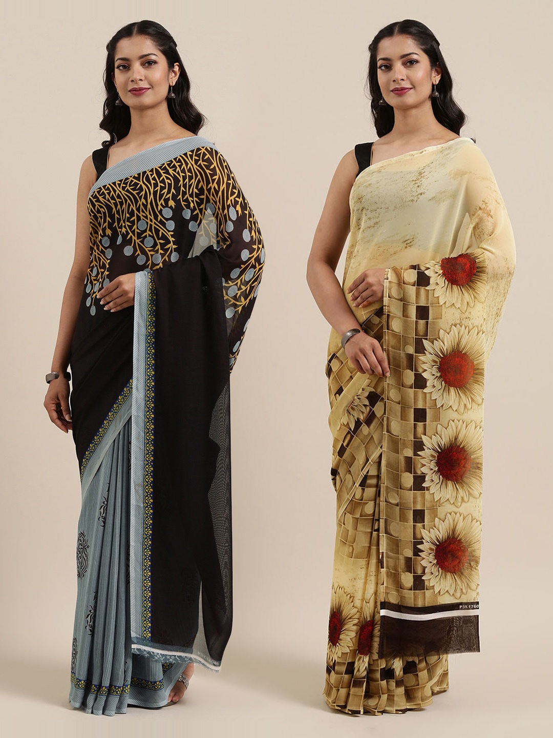 

ANAND SAREES Pack of 2 Poly Georgette Printed Sarees, Black