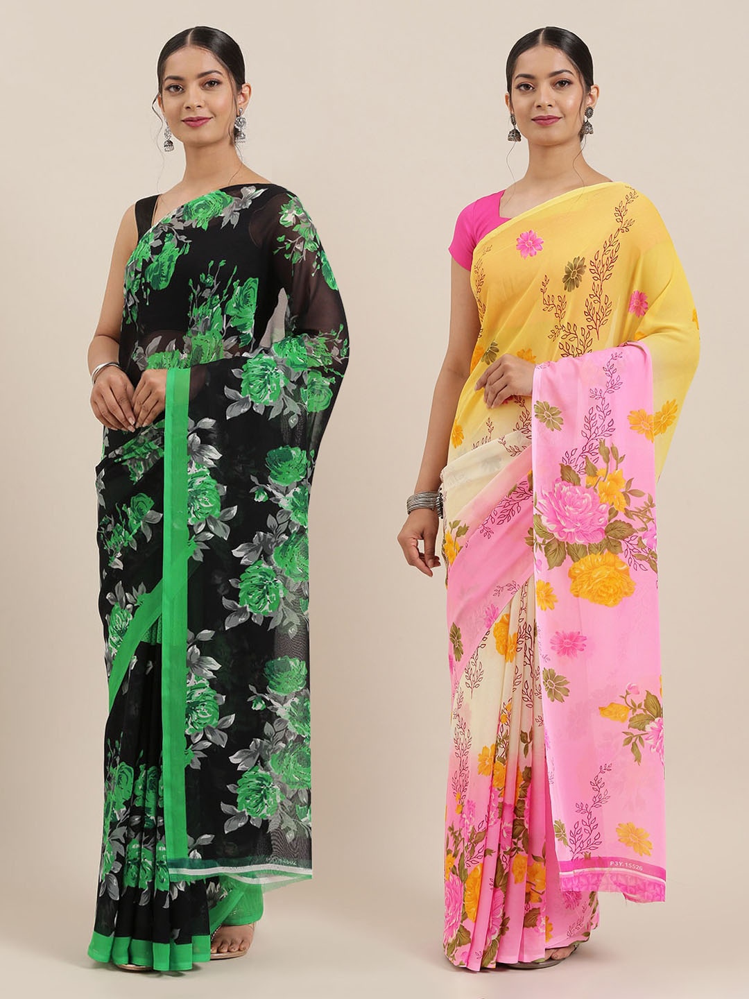 

ANAND SAREES Pack of 2 Poly Georgette Printed Sarees, Black