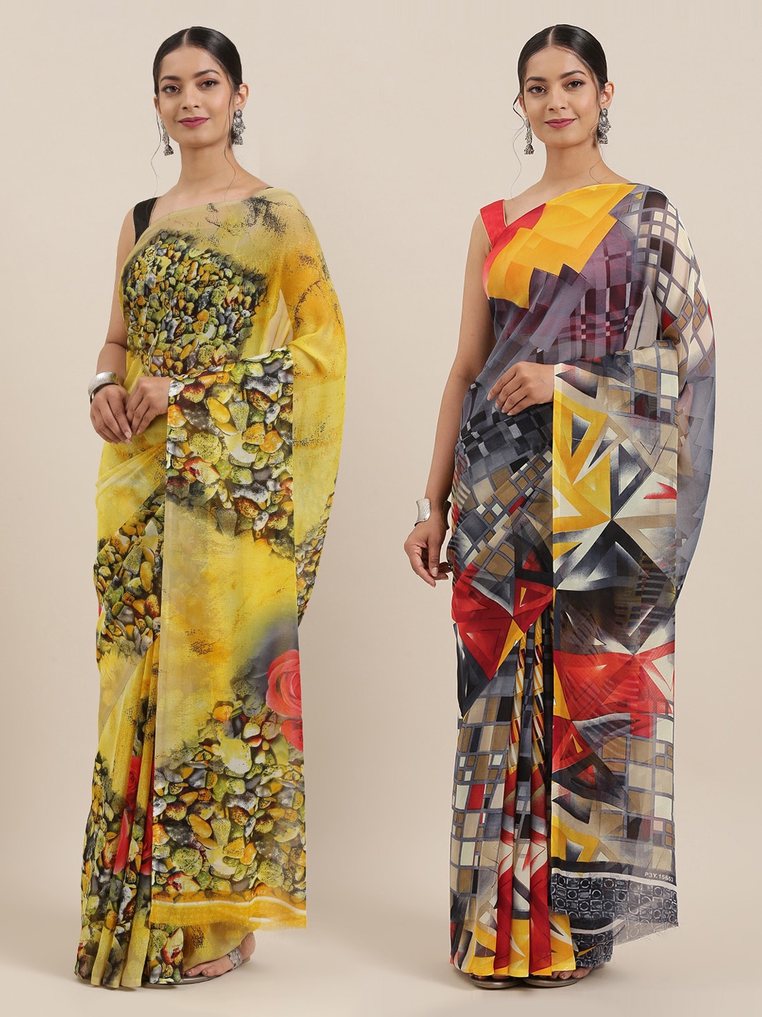 

ANAND SAREES Pack of 2 Poly Georgette Printed Sarees, Yellow
