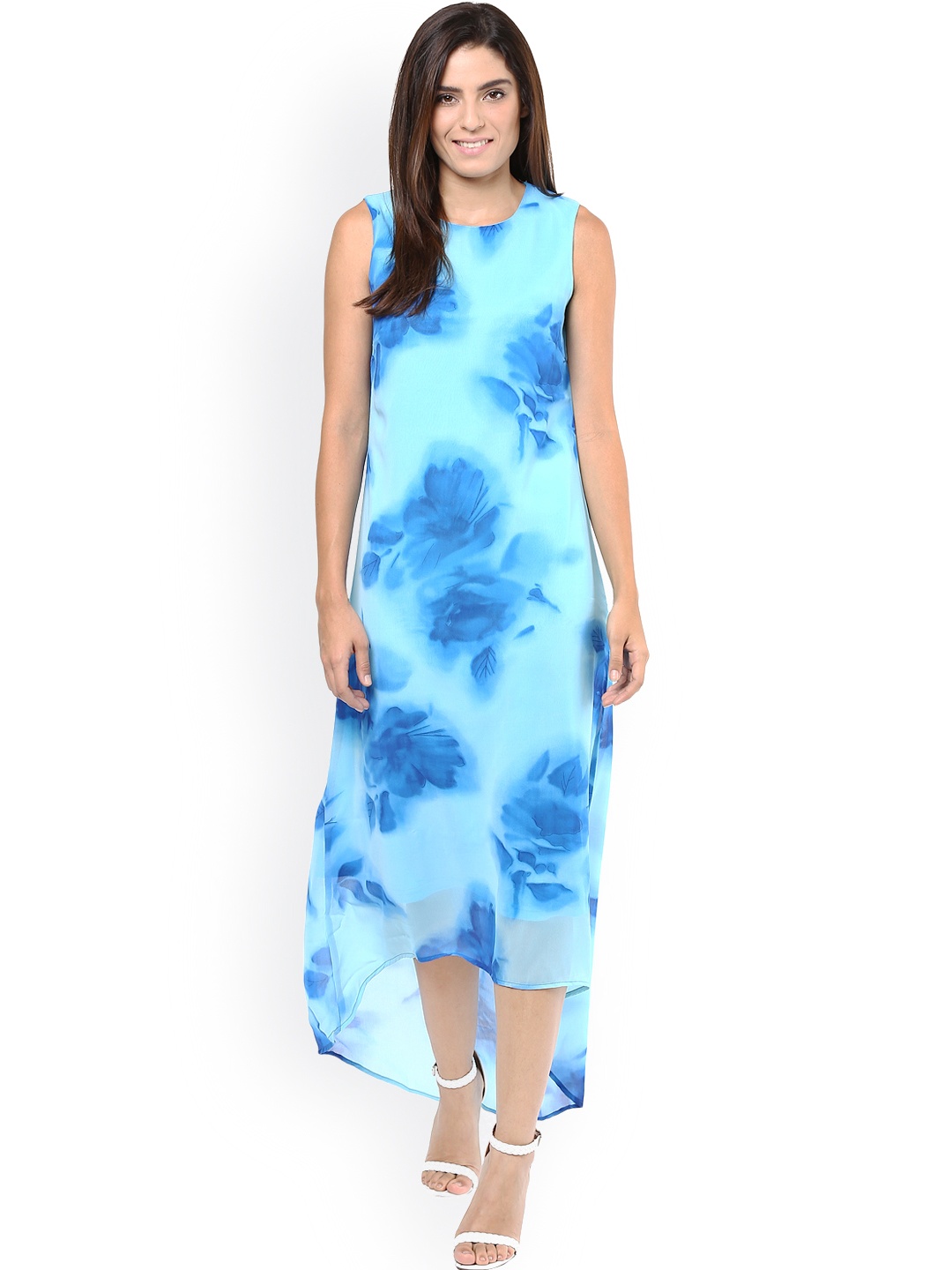 

Harpa Blue Floral Print Georgette High-Low Dress