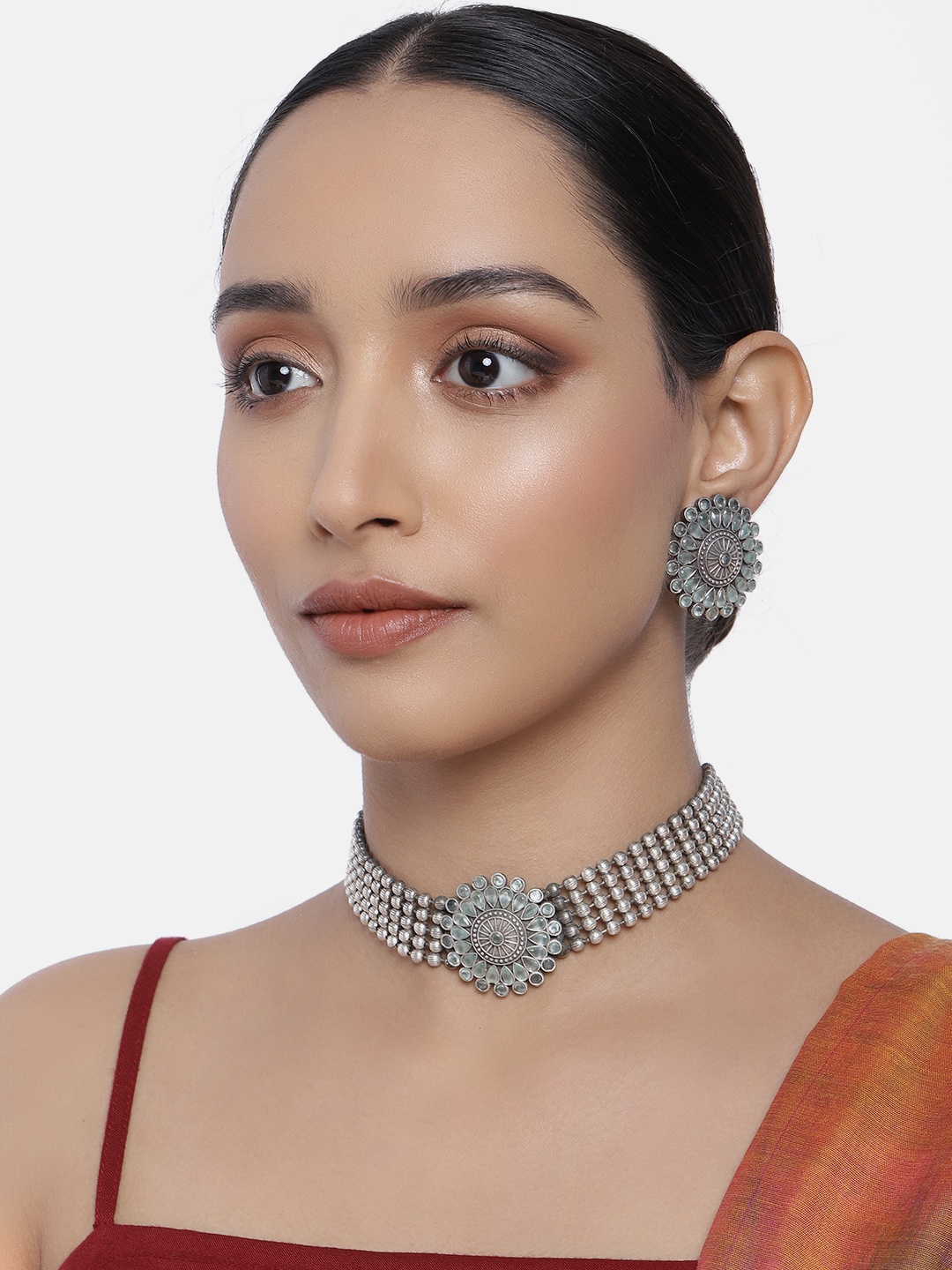 

Peora Green Oxidised Silver-Plated Stone Studded Handcrafted Jewellery Set